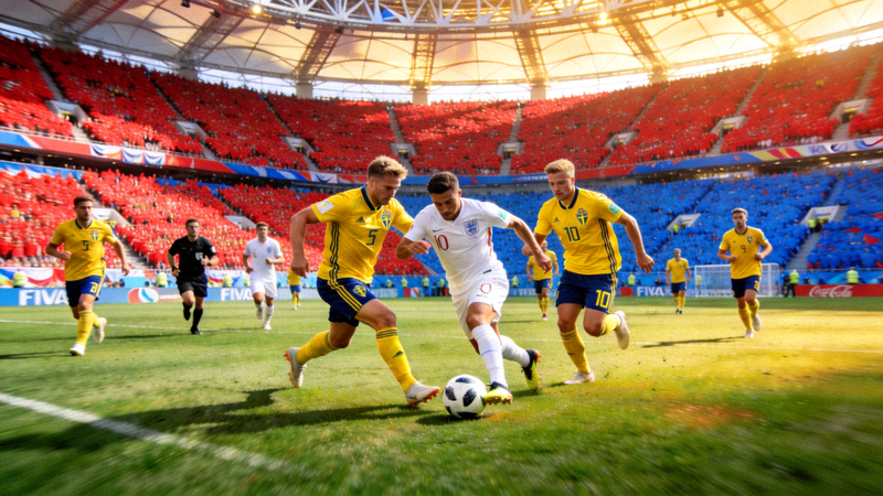 世界杯赛场全景，两队球员正在激烈拼抢